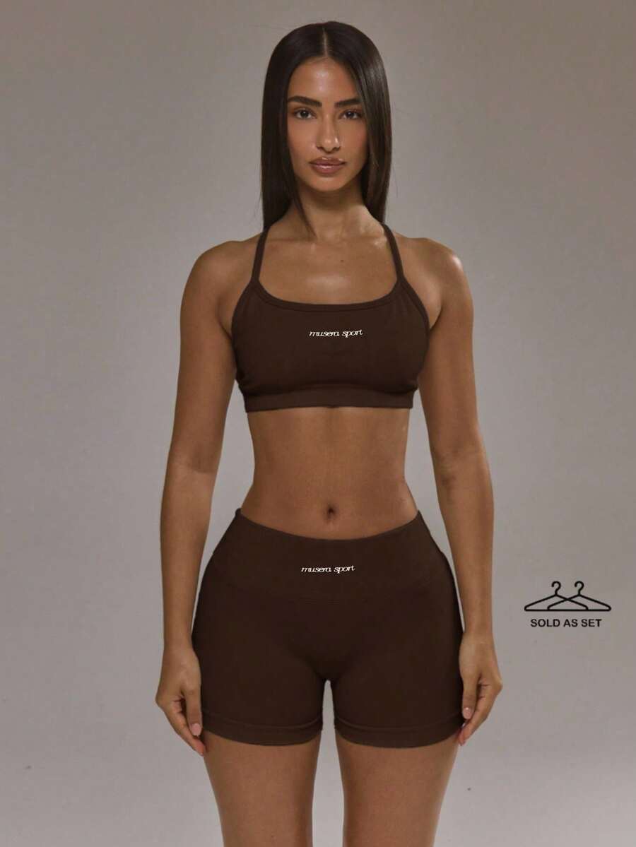 Sports Set: Sports Bra With A Racerback And Leggings With A Ruched Back. Autumn And Winter Activewear Set For Padel, Gym, Training. - Chocolate Brown - View 1