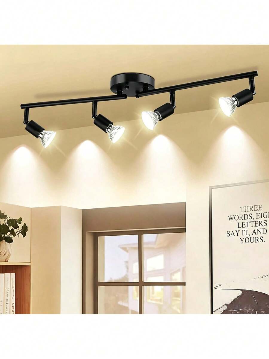 Adjustable Track Lighting Set For Ceiling, 4 Black Track Lights, Compatible With E26/E27 Lamp Holders (Bulbs Not Included) - Black - View 1