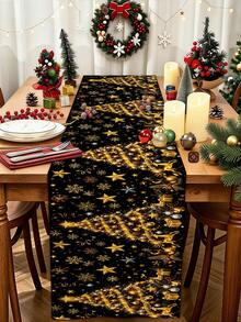 1pc 35*180cm/13.78*70.87inch Christmas Decorative Polyester Table Runner With Gingerbread Man, Poinsettia, Snowflake, Pine Branch, Red Berry, Candy Cane, Bell, Reindeer, Golden Christmas Tree, Snowflake, Five-Pointed Star Cartoon Pattern Design, Suitable For Home Dining Table Holiday Decoration, Festive Atmosphere Christmas Tablecloth, Desktop Decorative Fabric - Multicolor - View 8