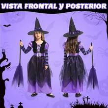 HomeChi Disfraz Bruja para Niña Halloween, Vestido de Bruja con Sombreros y Palos de Escoba, Outfit Lindo Trajes Cosplay para Fiestas Infantiles Cumpleaño Espectáculo Carnaval Halloween - Morado - Ver 7