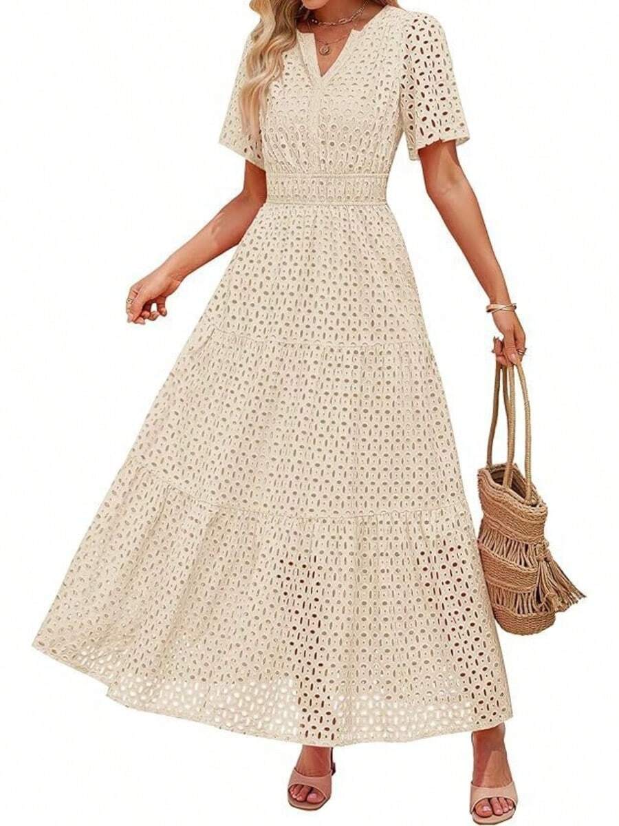Women's European And American Style Dress 2026 With V-Neck, A-Line Cut, Openwork Lace And Layered Design - 鵝黃色 - 查看 1