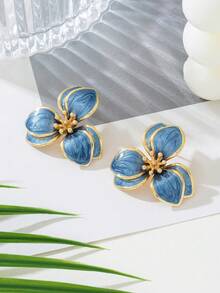 1 Pair Sweet & Cute Vacation Style Blue Oil Drop Flower Stud Earrings For Teens, Birthday Gift - Blue - View 2