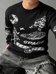 1pc Boys' Round Neck Knitted Sweater, Soft Space Element Pattern Colorblock Design, Casual Commute Outfit, Autumn/Winter - Black - View 2