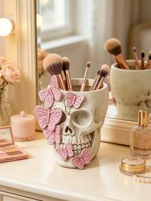 Skull Makeup Brush Holder, Butterfly-Shaped Gothic Makeup Brush Holder, Desktop Pen Holder, Dressing Table Decoration, Pink/Gold - Multicolor - View 5