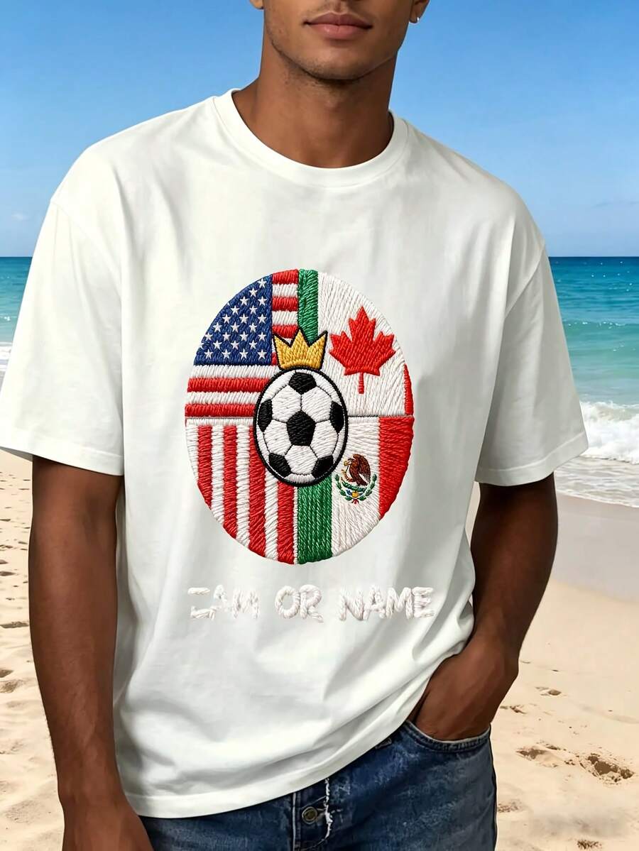 Soccer World Cup Flag Design T-Shirt With Team Name Customizable Black Cotton Casual Wear For Men And Women Perfect Gift For Sports Fans Outdoor Leisure Fashion Design - 白色 - 查看 1