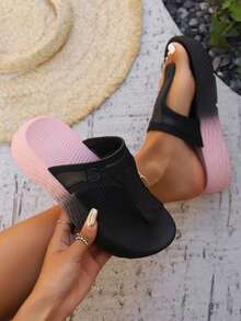 Women's Summer Gradient Thick Sole Thong Sandals With Adjustable Strap, Height-Increasing Shock-Absorbing Platform Sole, Anti-Slip Wear-Resistant Beach Outdoor Flip Flops - Black - View 6