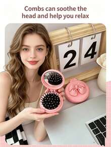 1 Bow Airbag Comb Massage Scalp Portable Shell Comb Girl Comb Student Comb Foldable Comb - Multi-Color Foldable Comb, Portable Built-In Mirror - Multicolor 2 - View 3