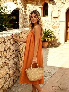 Perfect For Your Vacation! Midi Dress With Thin Straps, Open Back With Drawstring, Lightweight Fabric That Flatters Your Figure. - 橘色 - 查看 2