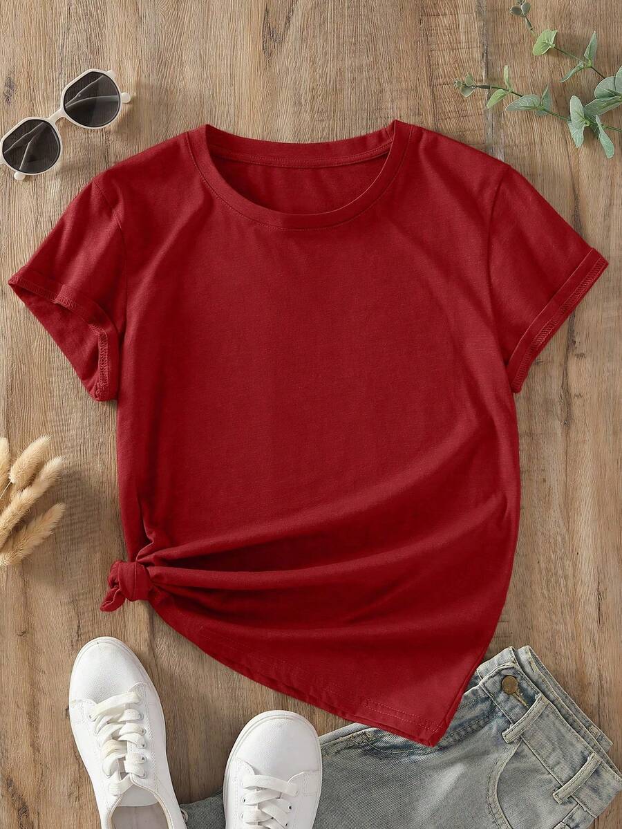 Camiseta unicolor de cuello redondo - Rojo - Ver 1