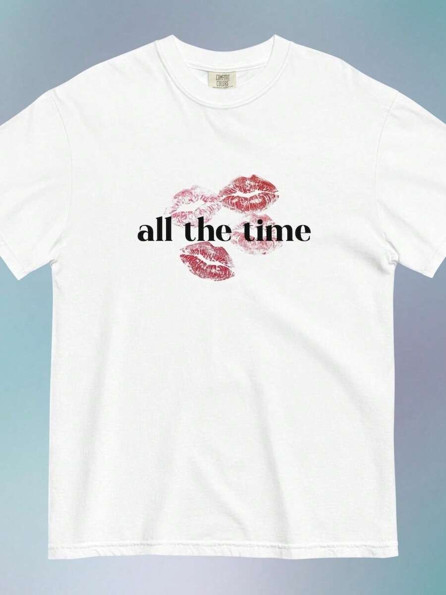 Crew Neck Short Sleeve T-Shirt With Vintage Lip Print And "All The Time" Text, Soft Y2K Aesthetic, Everyday Casual Basic For Women - White - View 1