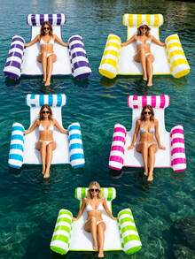 1 pieza Cama flotante inflable, a rayas, diseño de silla flotante con almohada, silla y cama flotante de doble uso, adecuada para agua, playa, arena, piscina, hamaca flotante de agua, flotador inflable de agua, asiento de descanso de agua, flotador inflable de piscina, balsa de piscina, colchoneta flotante, bomba de aire se vende por separado - Tres tubos - Ver 8