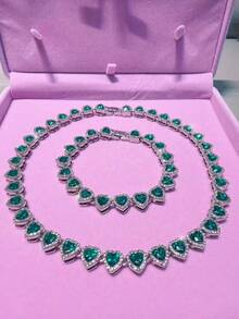 1pc Green Heart-Shaped Rhinestone Tennis Chain Jewelry Set For Women, Silver Metal Luxury Necklace/Bracelet, Suitable For Daily Wear And Parties, Gift For Her - Green Heart - View 3