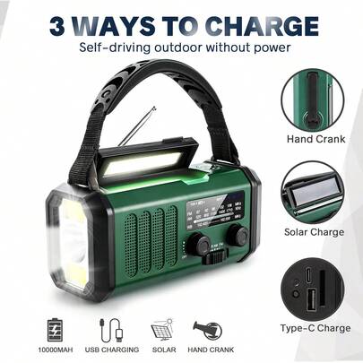 10000mAh Emergency Radio, Solar Radio, Hand Crank Radio, NOAA AM/FM Weather Radio, 3 Charging Methods, Polymer Battery, Flashlight/Reading Light, SOS Alarm, Emergency Phone Charger
