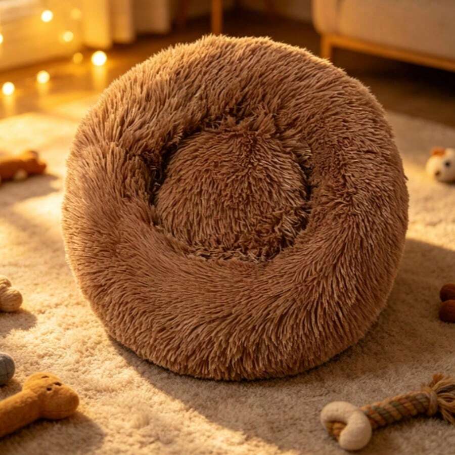 Donut-Shaped Long Plush Pet Bed, Soft & Warm Soothing Cat & Dog Bed, Non-Slip Bottom, Machine Washable, Suitable For Small To Medium Pets, Multiple Colors Available - Brown - View 1