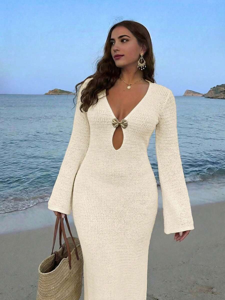Women's Plus Size Bohemian Style Deep V-Neck Sheer Cover-Up Long Dress, Shell-Shaped Metal Buckle, Flared Sleeves, Summer Vacation Beach - Apricot - View 1