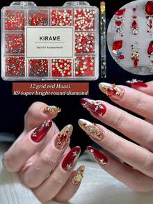 KIRAME 1800顆紅色平底圓形水鑽，高品質超亮美甲寶石套組，含1件點花工具，1-5mm亮面美甲水晶，適用DIY居家美甲、美甲沙龍、美甲用品、夏季與旅行美甲、節日禮物美甲飾品 - 紅色 - 查看 4