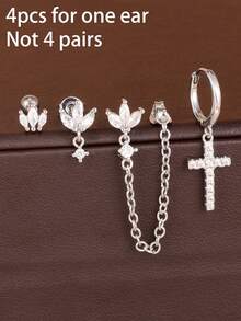 4PCS Luxury Cross Dangle Earrings Sets For Women Stainless Steel Crown Zirconia Horse Eye Tassel Chain Ear Stud Daily Wear Jewelry - 4PCS - Silver - View 4