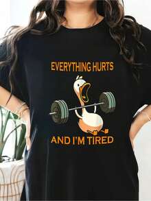 Funny Gym Slogan T-Shirt: "Everything Hurts And I'm Tired", Short Sleeve Crew Neck Sports T-Shirt, Casual Summer And Spring Top For Women, 100% Cotton - 黑色 - 查看 1