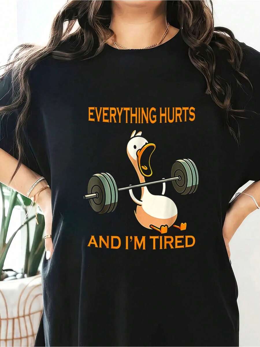 Funny Gym Slogan T-Shirt: "Everything Hurts And I'm Tired", Short Sleeve Crew Neck Sports T-Shirt, Casual Summer And Spring Top For Women, 100% Cotton - 黑色 - 查看 1