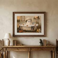 1pc Bathtub Ghost Painting: Vintage Halloween Bathroom Wall Decor, Cute Ghost Soaking In Bubble Bath Surrounded By Small Pumpkins, Canvas Wall Art, Suitable For Home, Dorm, Living Room Decoration, Birthday And Graduation Gift Halloween Decor Halloween Gift All Saints' Day Decor All Saints' Day Gift - A - View 4