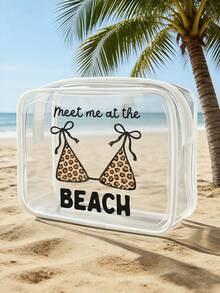 「Meet Me At The Beach」字母印花 PVC 防水沙灘包，豹紋泳衣圖案，PVC 化妝包，拉鍊密封 PVC 旅行收納袋，輕量耐褪色女用化妝洗漱包，TSA 認證便攜化妝收納盒，易清潔設計，適合媽媽、老師、朋友、護理師，適用學校假期、度假、開學洗漱包 - 彩色 - 查看 5
