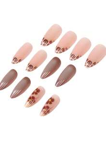 24pcs Elegant Vintage Street Style Minimalist Daily Gold Metal Bead Decor Mocha Brown Floral Brown Tortoise Shell Medium Almond Shaped Press-On Nails Fake Nails Set, Suitable For Girls And Women With Personalized - Mocha Brown - View 4