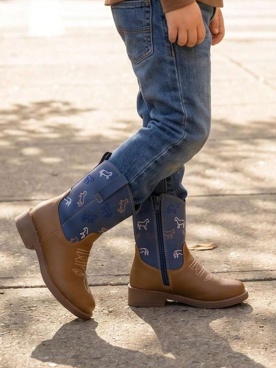 Toddler Girls' Color Block Western Cowboy Boots - Embroidered Horse Mid-Calf Boots With Side Zipper, Comfortable Casual Outdoor Shoes - Brown - View 1