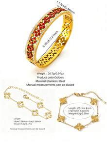 VceTd Set Perhiasan Wanita 3 Buah Gaya Vintage Motif Daun Semanggi Enamel dari Baja Tahan Karat, Cocok untuk Pemakaian Sehari-hari, Pesta, Liburan, atau Hadiah Hari Raya untuk Teman. - Yellow Gold - View 12