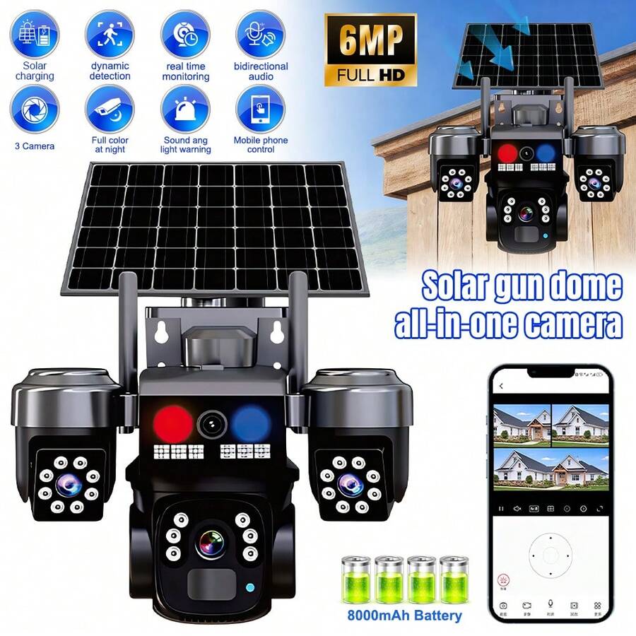Solar Security Camera Outdoor, 6MP Dual Lens PTZ Camera With 7W Solar Panel, 355° Pan/Tilt, Color Night Vision, PIR Human Detection, 2-Way Audio, 8000mAh Battery, V380-Pro App For Home Surveillance (Without Memory Card) - QD5SXT-6MP - View 1