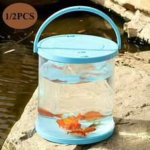 1個可折疊小型水族箱，塑膠便攜式魚缸附蓋，透明魚類運輸容器/釣魚桶，適合釋放捕獲的魚、海灘旅行、湖畔郊遊、戶外活動，藍色 - 彩色 - 查看 5