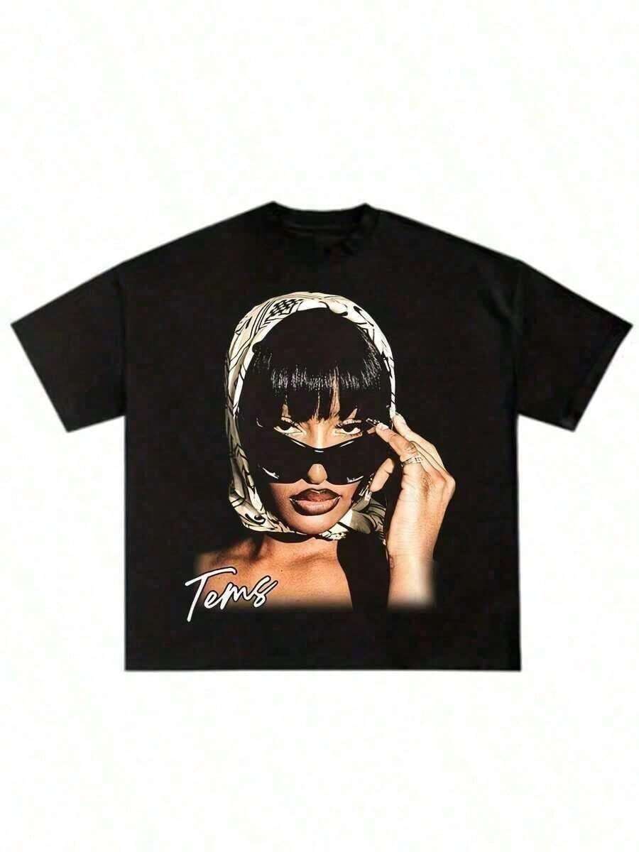 Tems T-Shirt, Tems T-Shirt, Tems T-Shirt, Tems Tour Hip Hop Rap T-Shirt, Tems Tour T-Shirt 220g, Pure, Thermal Transfer Printed T-Shirt - 黑色 - 查看 1