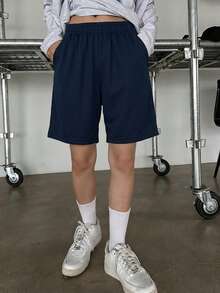 1件青少年女孩純色極簡休閒短褲 - 藍色 - 查看 8