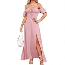 New Style Summer Dress With Puff Sleeves, Strapless, Solid Color, Short Sleeves And Slit At The Hem For Women. - Baby Pink - View 3