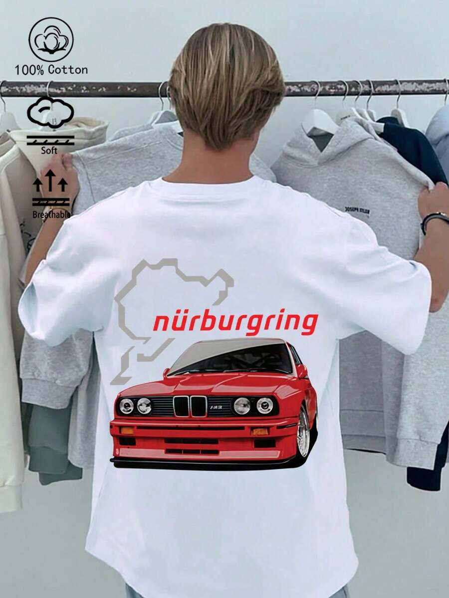 lgodón, negra, con diseño de carreras del Nürburgring, corte holgado, manga corta, algodón puro, nueva colección primavera/verano, ropa deportiva para hombre, elegante, suave y transpirable. - Burdeos - Ver 1