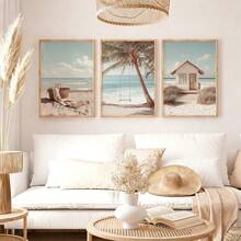 3Pcs Neutral Boho Beach Canvas Wall Art, Palm Swing, Beach Basket & Coastal Hut Prints, Calm Coastal Farmhouse Decor For Living Room Bedroom, Soft Tropical Home Decoration, Frameless - 834 - View 6