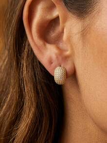 CHICAT 1 Pair Exquisite Elegant Cubic Zirconia Oval Thick Huggie Earrings, Sparkling Chunky Hoop Earrings, Suitable For Wedding, Party, Daily Commute Wear - Oval - View 6
