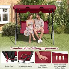 3-Person Outdoor Patio Swing Chair W/ Adjustable Canopy & Removable Cushion - Burgundy - View 8