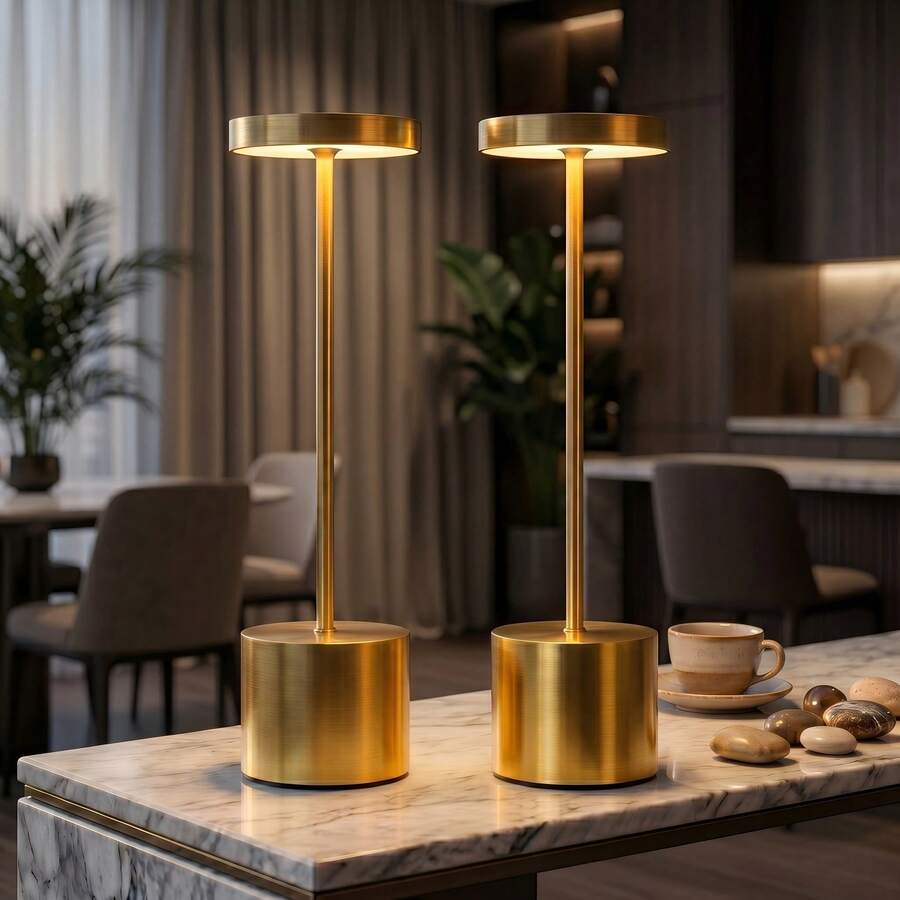 Set Of 2 Gold LED Cordless Table Lamps, USB Rechargeable Dimmable Bedside Desk Light, Modern Minimalist Metal Nightstand Lamp For Bedroom Living Room Office Home Decor