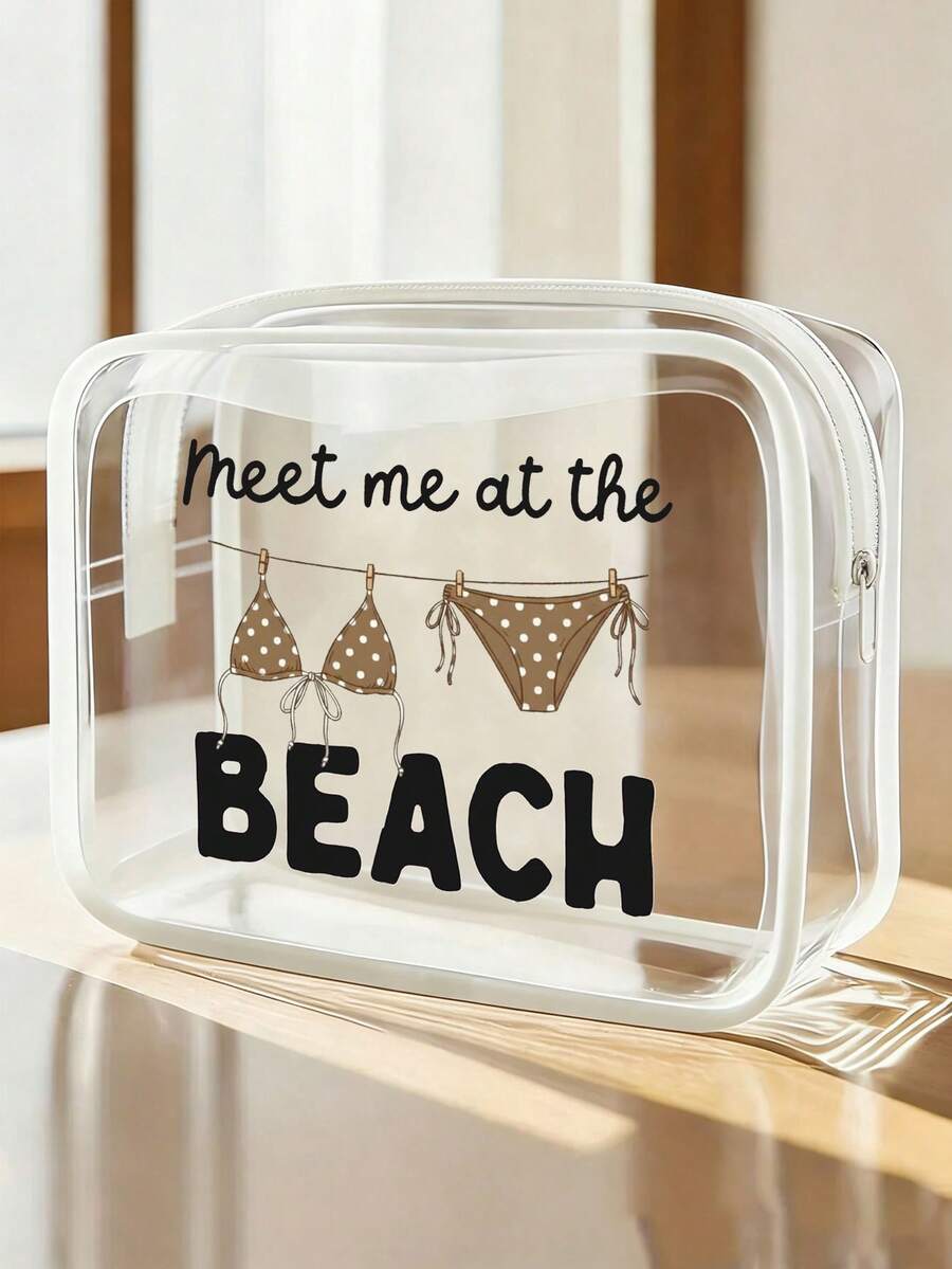 「Meet Me At The Beach」字母印花 PVC 防水沙灘包,豹紋泳裝圖案,PVC 化妝包,拉鍊密封 PVC 旅行收納袋,輕量耐褪色女士化妝盥洗包,TSA 認證便攜化妝收納盒,易清潔設計,適合母親、老師、朋友、護理師,適用於學校、度假、假日、返校用品盥洗包 - 彩色 - 查看 1