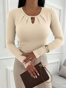Solid Color Knit Top With Openwork And Ruched Neckline, Suitable For Everyday Wear, Nights Out And Street Style In Winter, Brown Top, Elegant Casual Women's Top For Spring - Beige - View 1