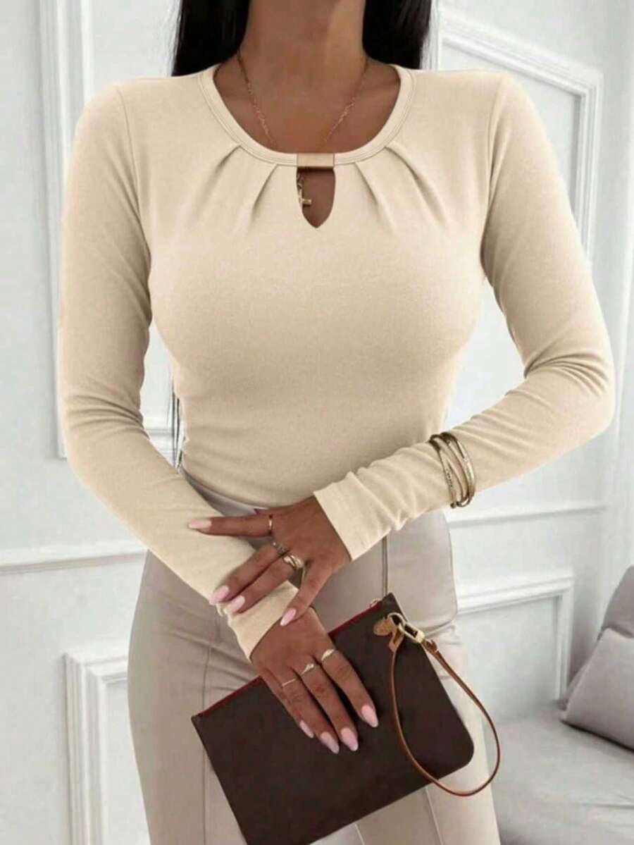 Solid Color Knit Top With Openwork And Ruched Neckline, Suitable For Everyday Wear, Nights Out And Street Style In Winter, Brown Top, Elegant Casual Women's Top For Spring - Beige - View 1