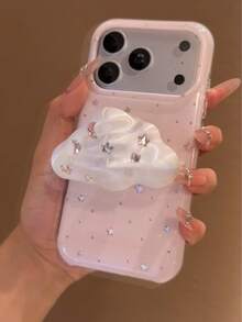 柔粉色小星星 3D 水鑽雲朵手機殼，適用於 Apple 17 Pro Max、16 Pro 新機、13、14 Pro，附支架，15 Pro 全包防摔，18、18 Pro Max - 粉色 - 查看 1