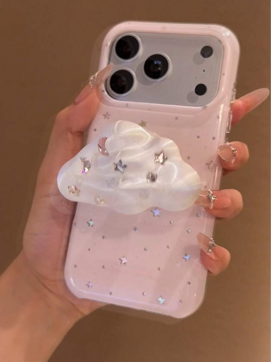 柔粉色小星星 3D 水鑽雲朵手機殼,適用於 Apple 17 Pro Max、16 Pro 新機、13、14 Pro,附支架,15 Pro 全包防摔,18、18 Pro Max - 粉色 - 查看 1