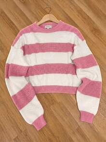 Striped Cropped Knit Blouse, Balloon Sleeves, Round Neck, Women's, Autumn/Winter 2026, , Premium Fabric, Sweater, Retro, Everyday Wear, Fashionable, New Line, University Style, Warm, Various Colors, Y2k - 淺粉色 - 查看 2