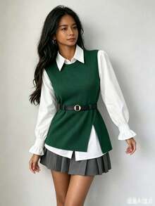 2-Piece Set: Long-Sleeved Dress Shirt + Ribbed Knit Vest With Side Slit And Belt - Green - View 1