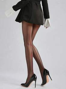 1 Pair Of Black On The Outside, Red On The Inside, Three-Dimensional Vertical Striped Ultra-Thin Transparent Pantyhose For Both Work And Date Wear. - Black - View 2