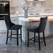Set Of 2 Bar Stools With Velvet Upholstery / Medieval-Modern Style Bar Stools / Weight Capacity Up To 300 Lbs / High-Elasticity Foam / Suitable For Restaurants Or Kitchens - 黑色 - 查看 1