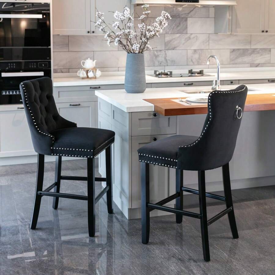 Set Of 2 Bar Stools With Velvet Upholstery / Medieval-Modern Style Bar Stools / Weight Capacity Up To 300 Lbs / High-Elasticity Foam / Suitable For Restaurants Or Kitchens - 黑色 - 查看 1