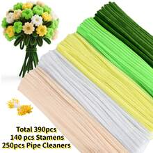 390 pièces de cure-pipes 5 couleurs Kit d'artisanat DIY avec étamines - tiges de chenille violettes, bleues, orange, roses et rouges pour bouquet de fleurs fait main, cadeau de la Fête des Pères & de la remise des diplômes, bouquet de mariée & décoration de la maison - cure-pipes + étamines de fleurs - Voir 15