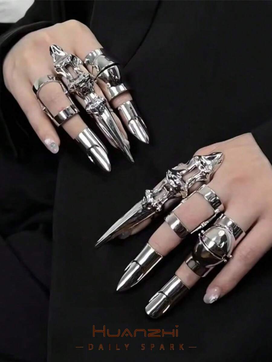Anillos de uña de metal punk, anillos de dedo multicapa exagerados de estilo gótico, adecuados para fiestas y cosplay - multicolor - Ver 1